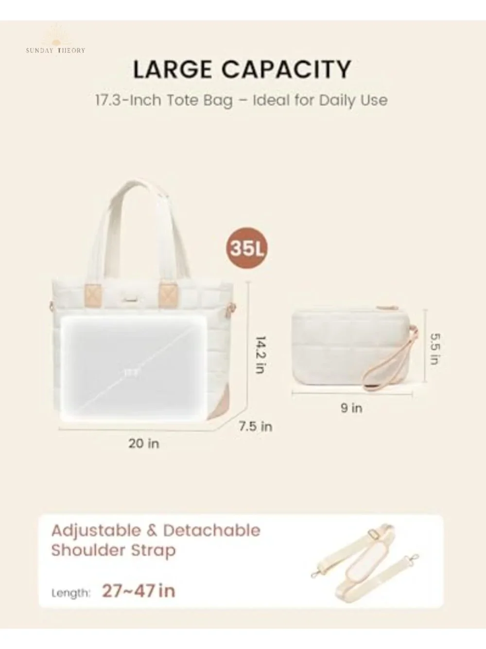 Quilted Vegan Leather Laptop Tote Bag with Zipper, Lightweight Work Bag